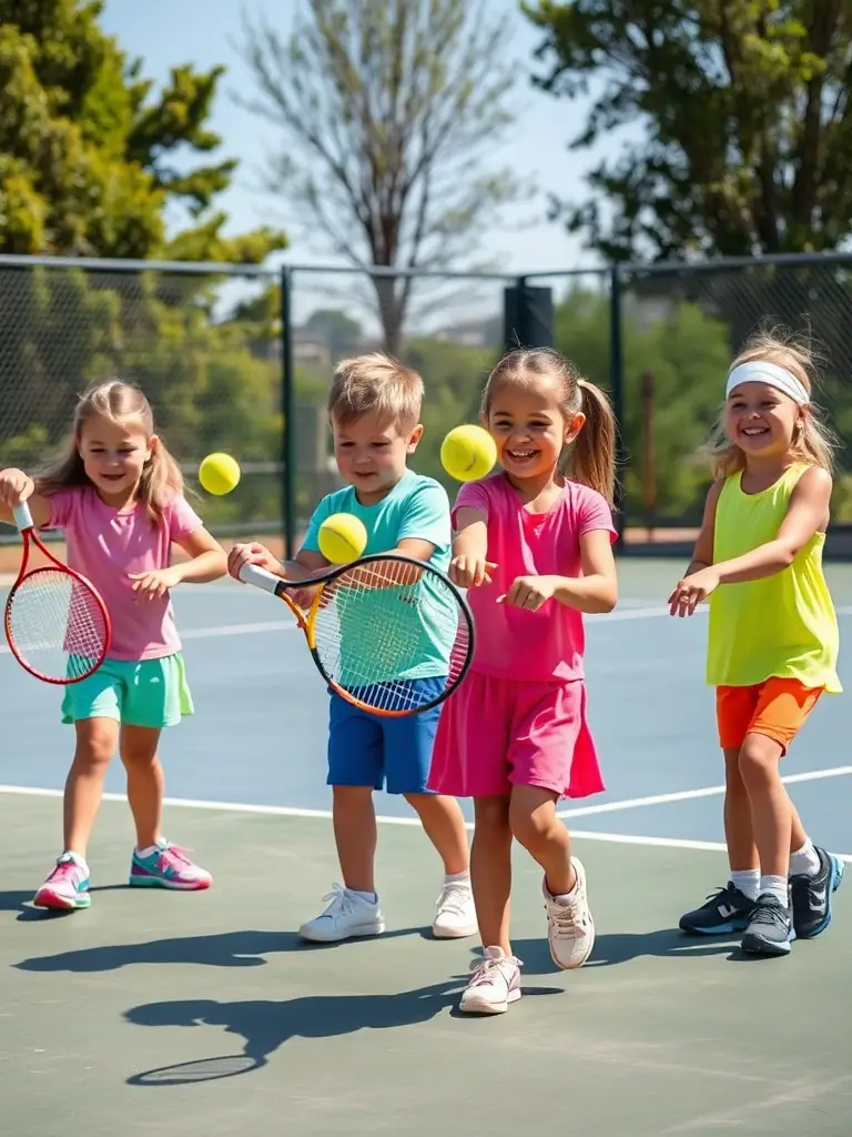 A vibrant image of children participating in a beginner's tennis lesson on a sunny outdoor court at Lagord Tennis Squash, focusing on fun and skill development.