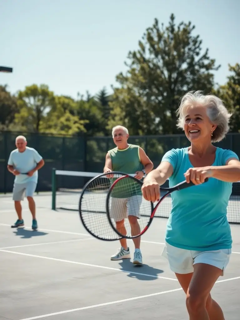 A group of seniors participating in a low-impact tennis session at LAGORD TENNIS SQUASH, emphasizing health and social benefits.