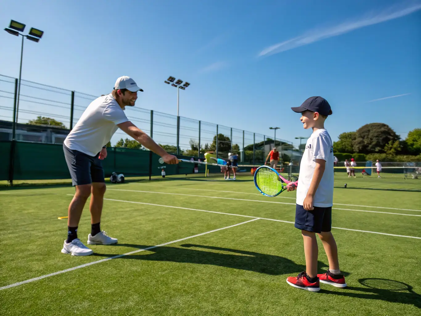A focused image of a coach providing personalized tennis instruction to a player, emphasizing the club's commitment to skill development and improvement.