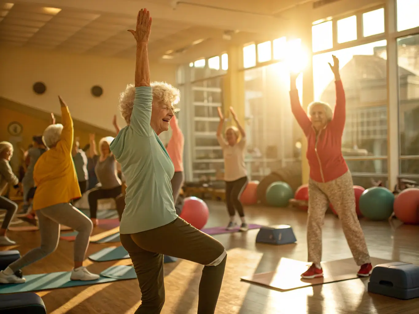 A group of seniors participating in a gentle exercise class, led by an instructor, in a well-lit and accessible indoor space.