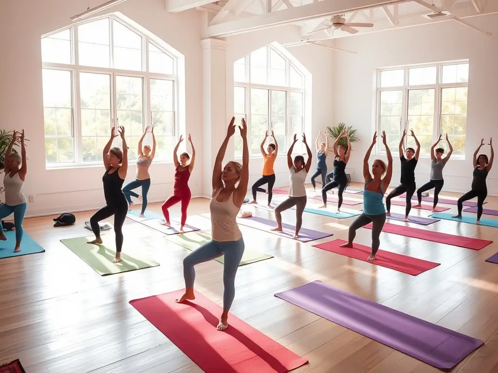 A serene image of participants engaged in a yoga session at the LAGORD TENNIS SQUASH facility, promoting physical and mental well-being.