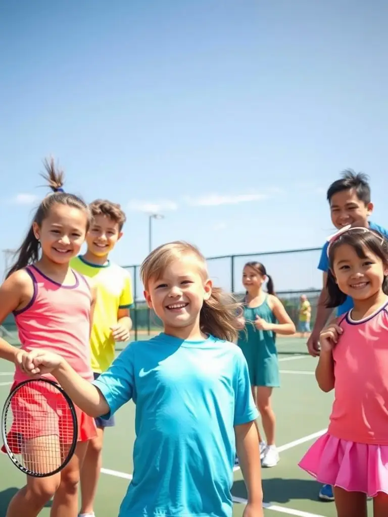 A vibrant image of children participating in a junior tennis clinic at LAGORD TENNIS SQUASH, focusing on fun and skill development.