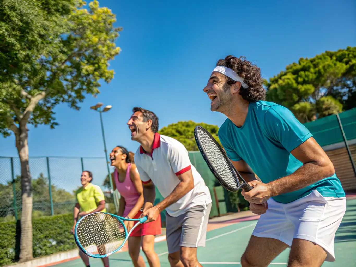 A vibrant image of a group of people playing tennis on a sunny day at LAGORD TENNIS SQUASH, showcasing the social and active environment.