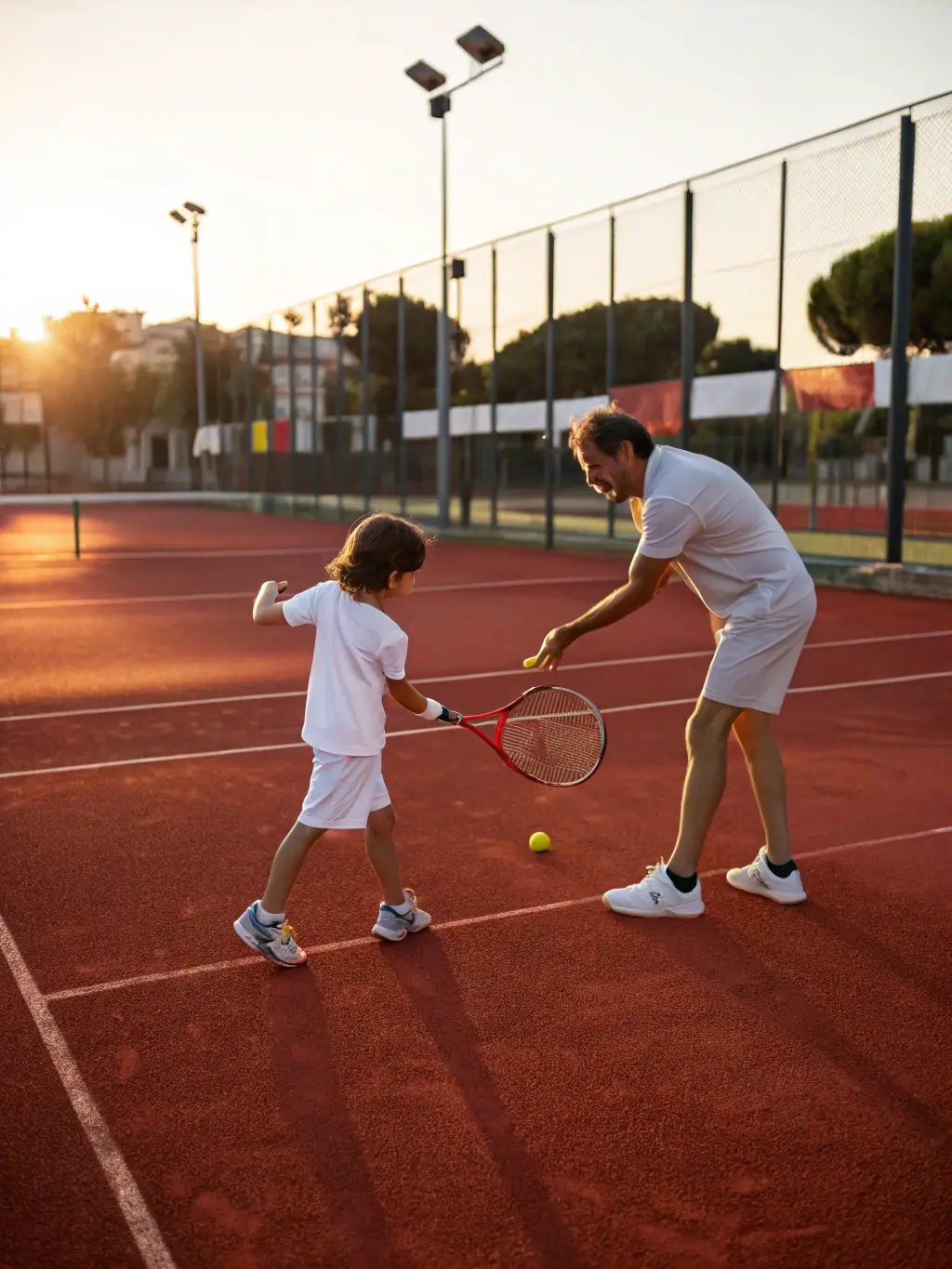 A vibrant image of a tennis coach instructing a group of children on the tennis court at LAGORD TENNIS SQUASH, focusing on proper grip and swing techniques.