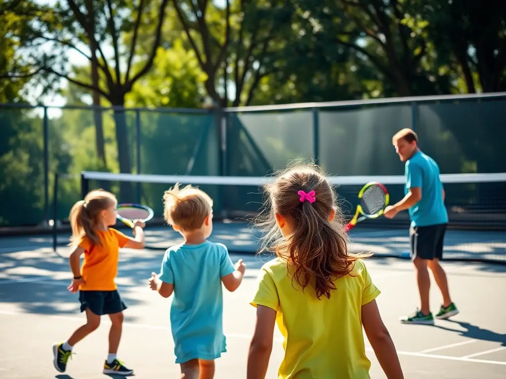 A vibrant image of children participating in a beginner's tennis lesson on a sunny outdoor court, with a coach providing guidance and encouragement.