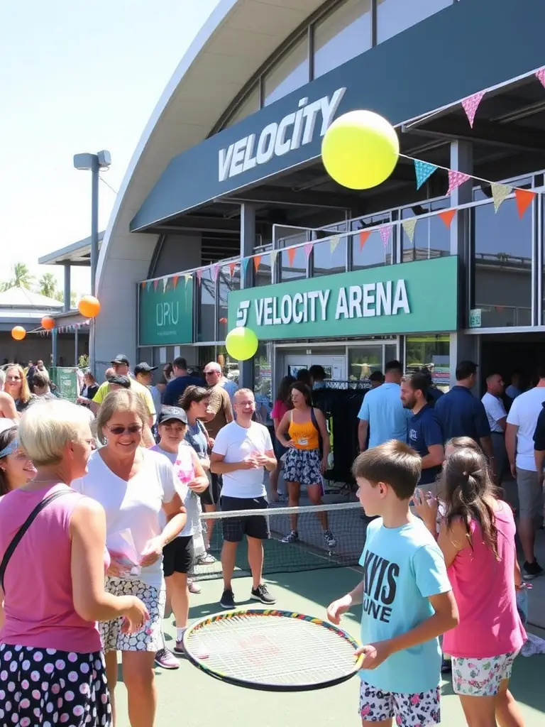 A photograph capturing a community event at Lagord Tennis Squash, with families and individuals enjoying various activities and fostering a sense of community.