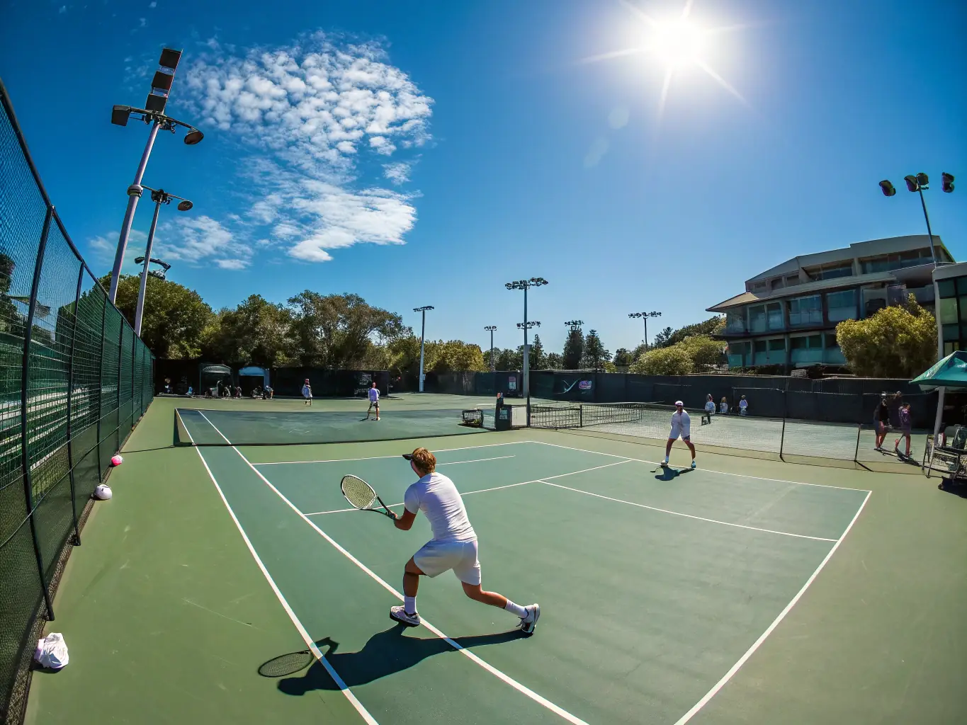 A dynamic image of diverse individuals participating in a friendly tennis match, showcasing the inclusive and welcoming atmosphere of LAGORD TENNIS SQUASH.