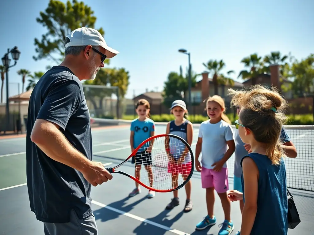 A dynamic image of a tennis coach providing instruction to a group of enthusiastic young players on a sunny tennis court, emphasizing skill development and active participation.