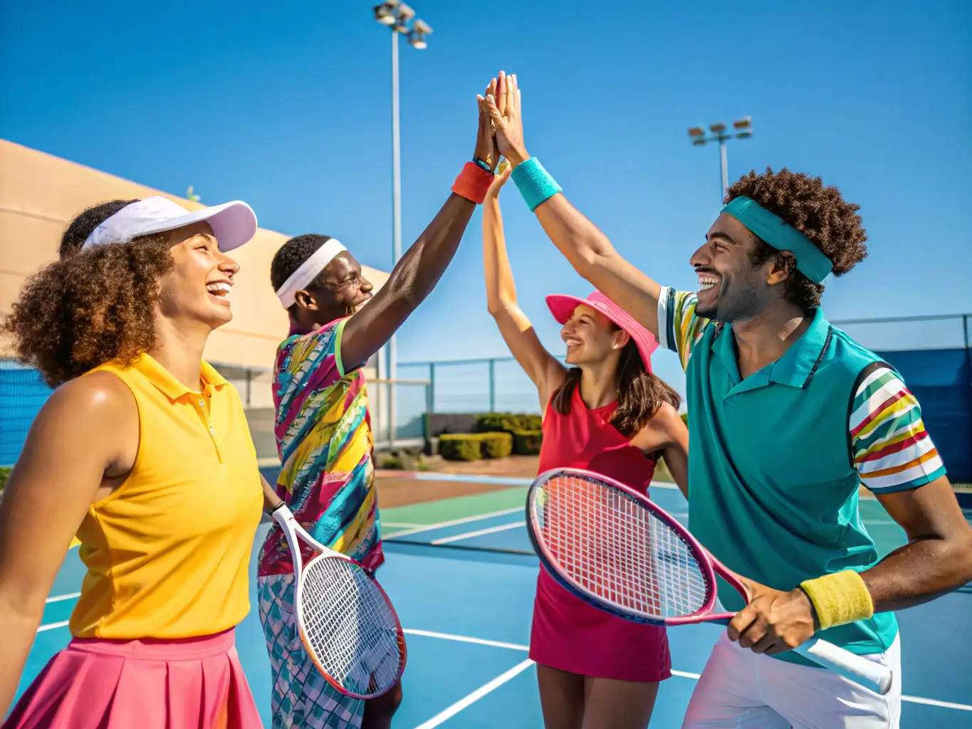 A lively image of members socializing and laughing together after a game, highlighting the strong sense of community and social interaction at LAGORD TENNIS SQUASH.