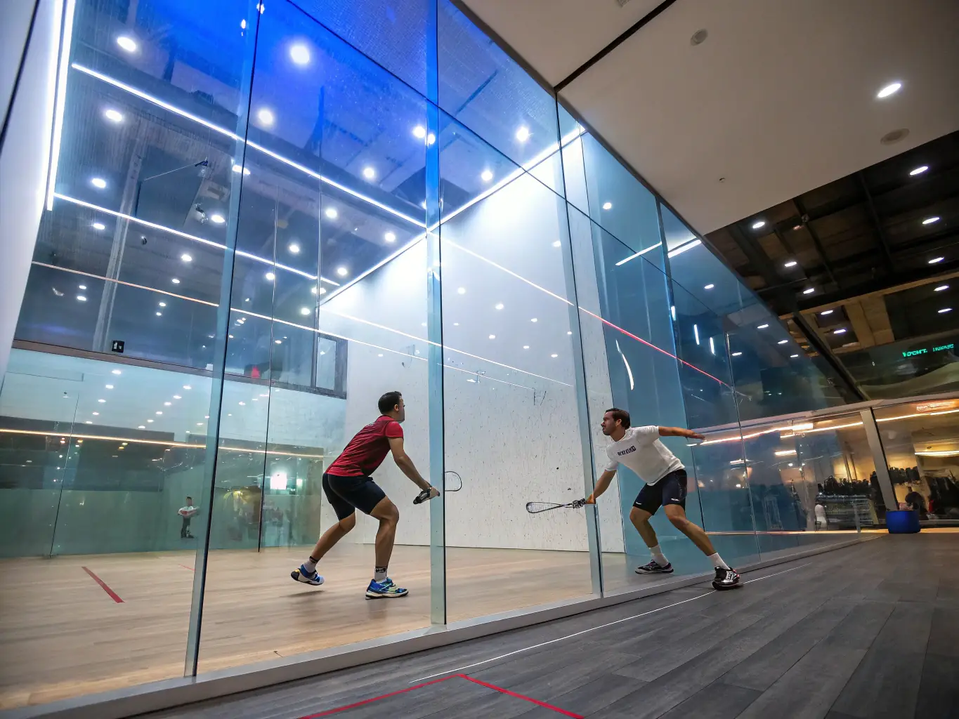 A lively image of squash players in action during a competitive match, showcasing the intensity and excitement of the sport.