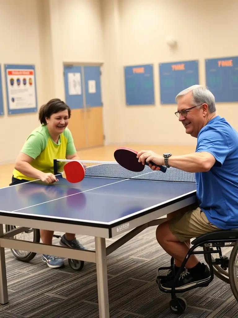 An inclusive image of people with disabilities participating in adaptive tennis at LAGORD TENNIS SQUASH, highlighting accessibility and community spirit.