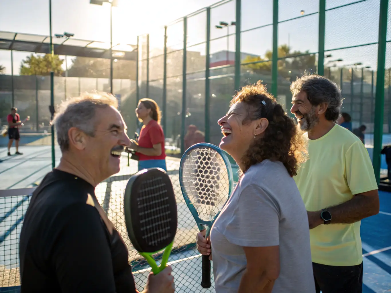 A candid shot of members laughing and interacting during a break at LAGORD TENNIS SQUASH, emphasizing the friendly and inclusive atmosphere.