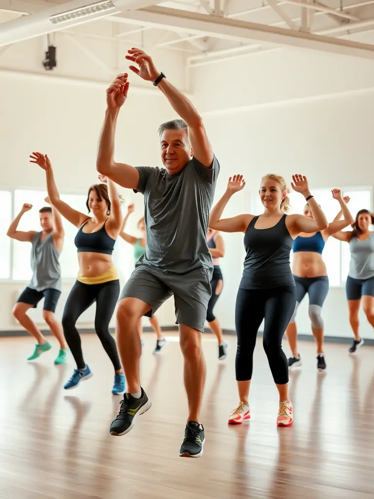 A group of adults participating in a fitness class at LAGORD TENNIS SQUASH, led by a certified instructor, with various exercise equipment visible in the background.